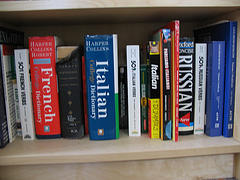 shelf of various language dictionaries