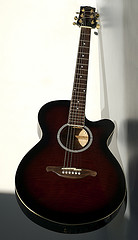 acoustic guitar standing against wall
